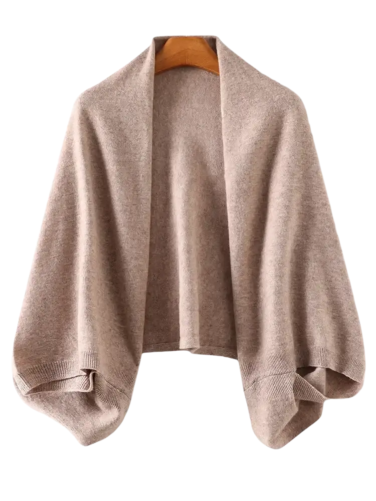 Wool shawl wrap scarf for women in soft taupe cashmere with a relaxed draped silhouette and ribbed cuffs