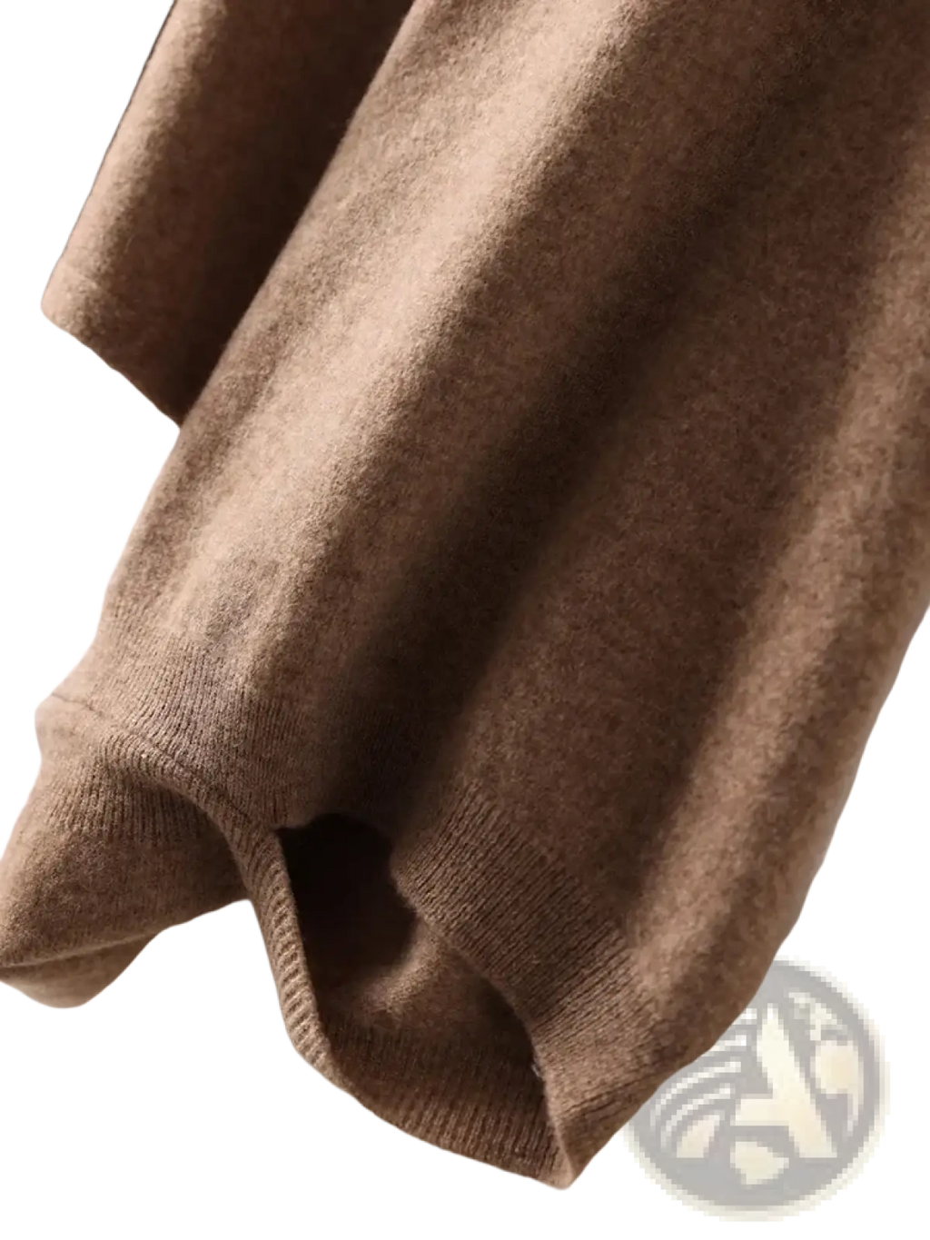 A soft warm brown cashmere sweater with ribbed neckline and folds complementing a wool shawl wrap scarf for women