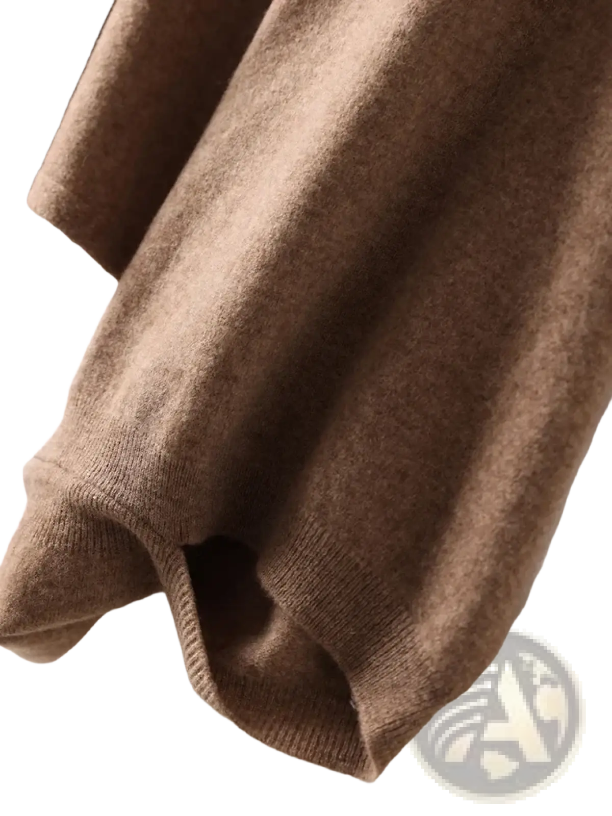 A soft warm brown cashmere sweater with ribbed neckline and folds complementing a wool shawl wrap scarf for women