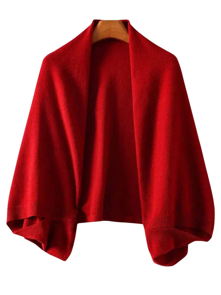 A vibrant red wool shawl wrap scarf for women featuring a soft knit with flowing drape and wide sleeves