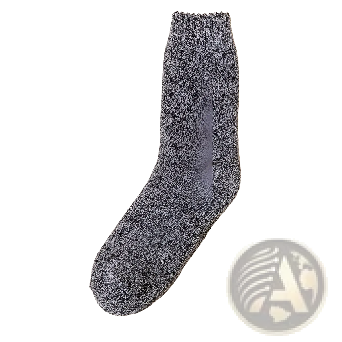 A cozy heathered gray wool sock for men with a thick knit and ribbed cuff designed for winter warmth