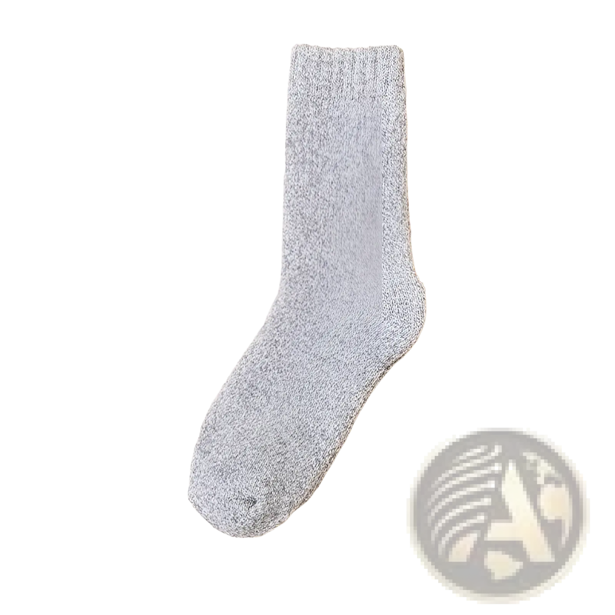 A soft heather gray wool sock for men with a thick knit and ribbed cuff for warm winter wear