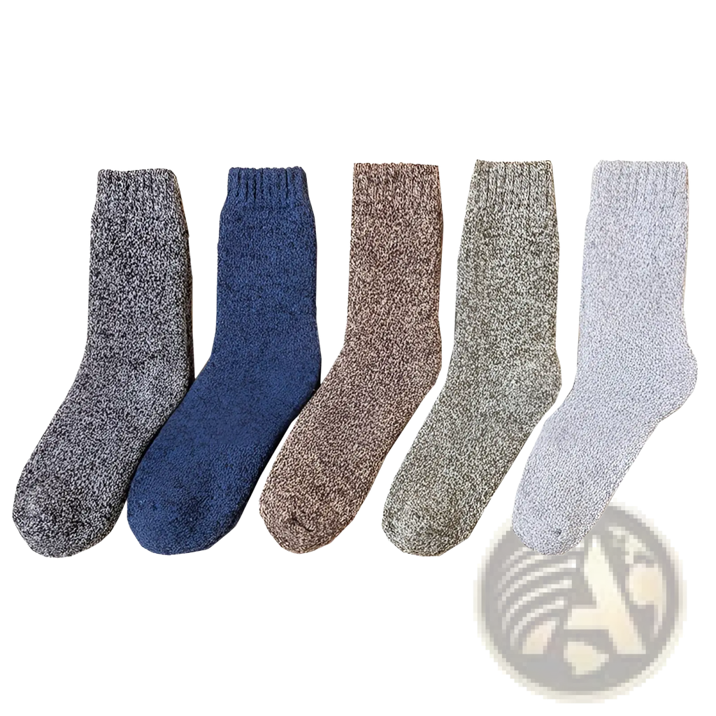 Five pairs of thick wool socks for men in cozy knit textures and assorted solid and heathered colors for winter warmth