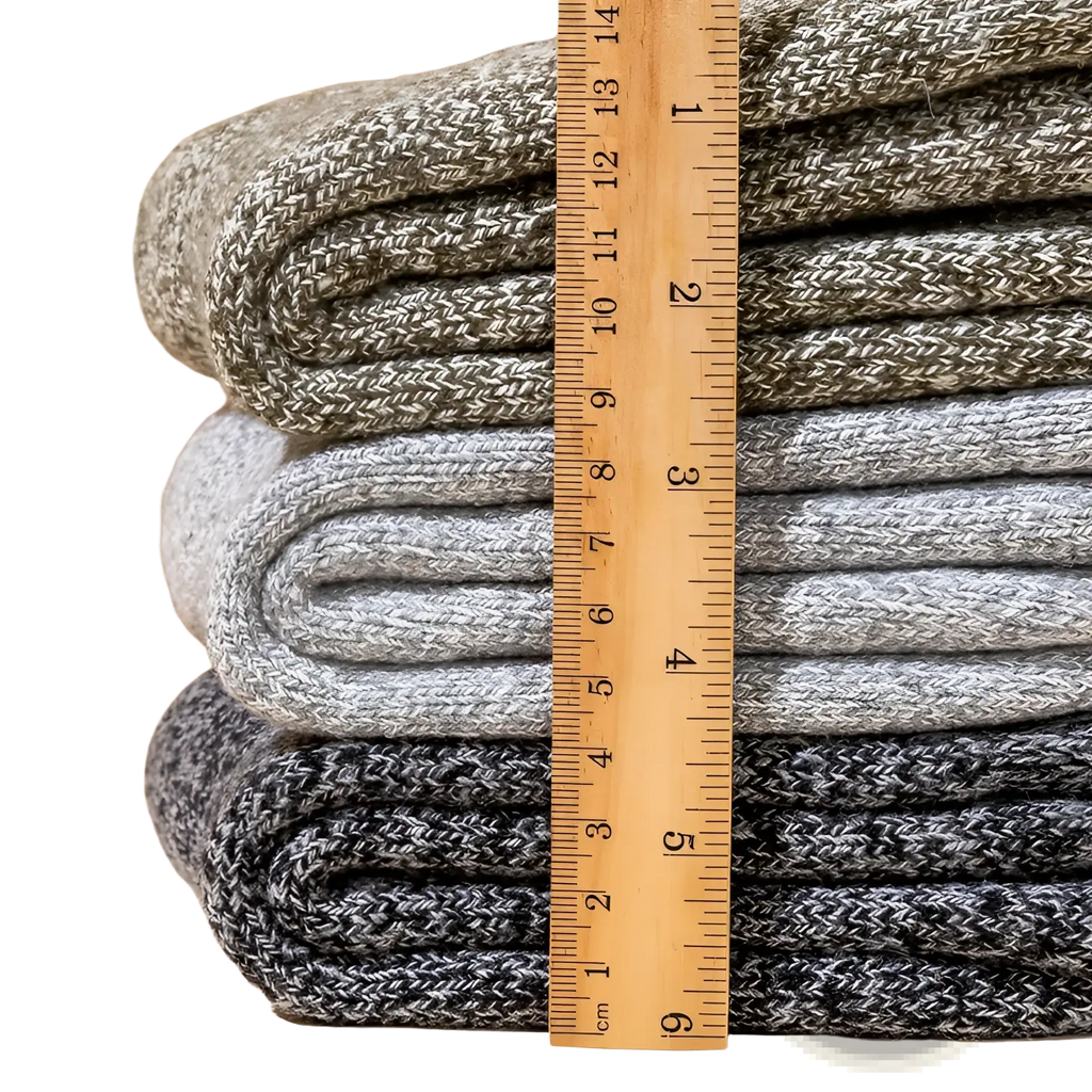 Stack of neatly folded gray thick wool socks for men with a wooden ruler beside them for scale and warmth in winter