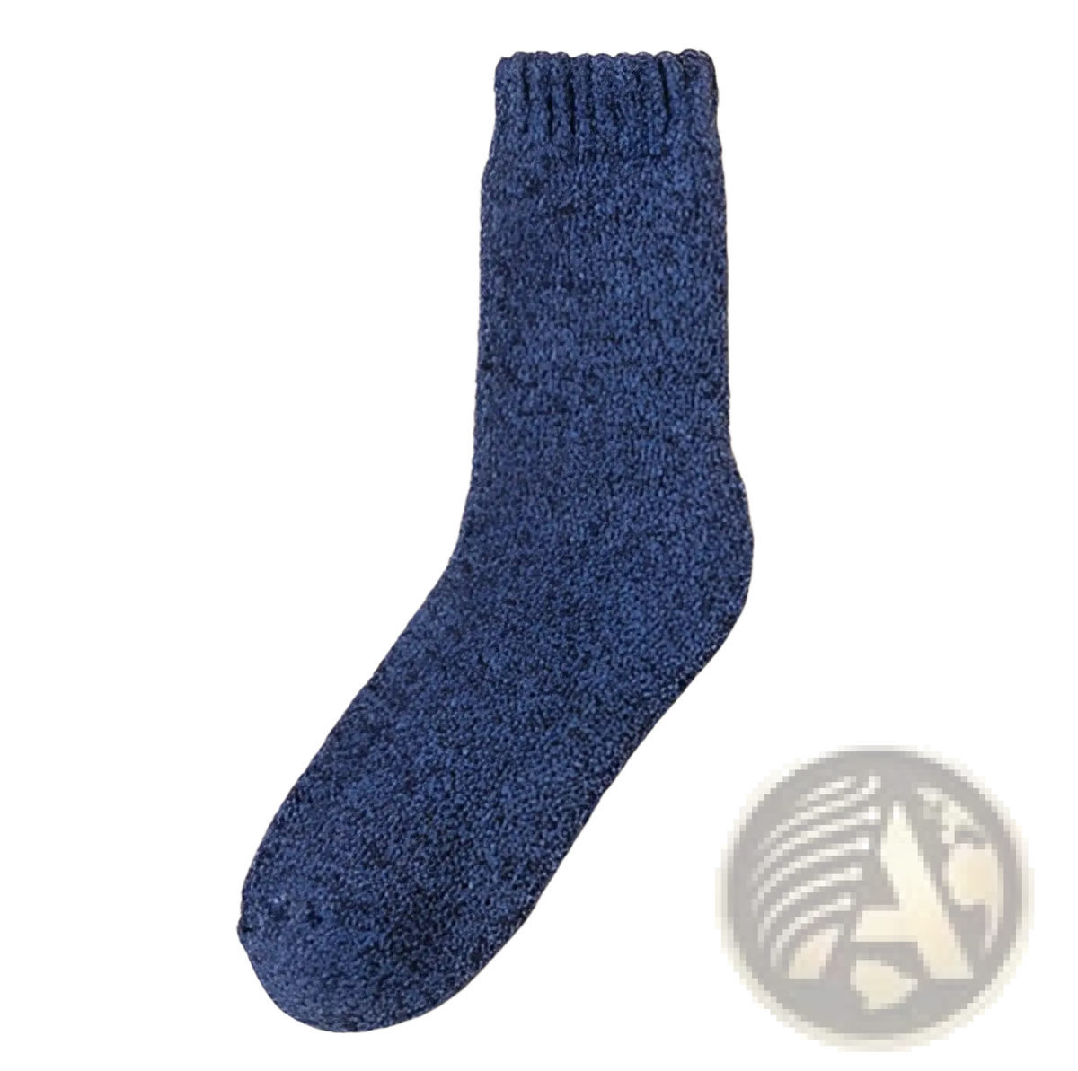 A cozy navy blue wool sock for men with thick warm textured fabric and a ribbed cuff for winter wear