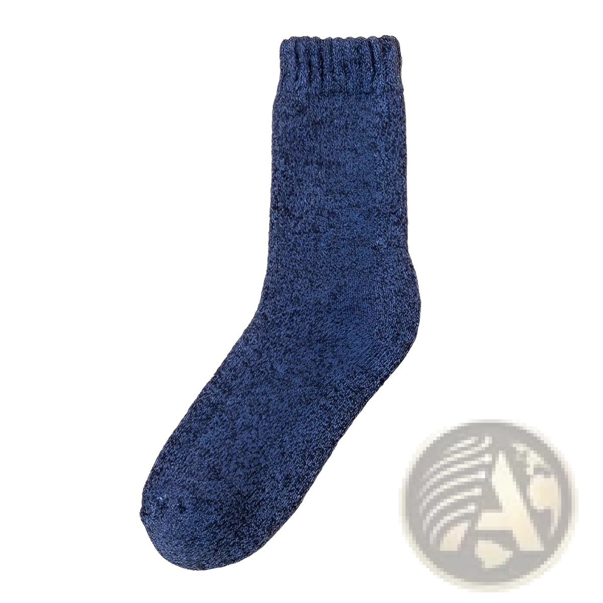 A cozy navy blue wool sock for men with a ribbed cuff and thick warm knit perfect for winter wear