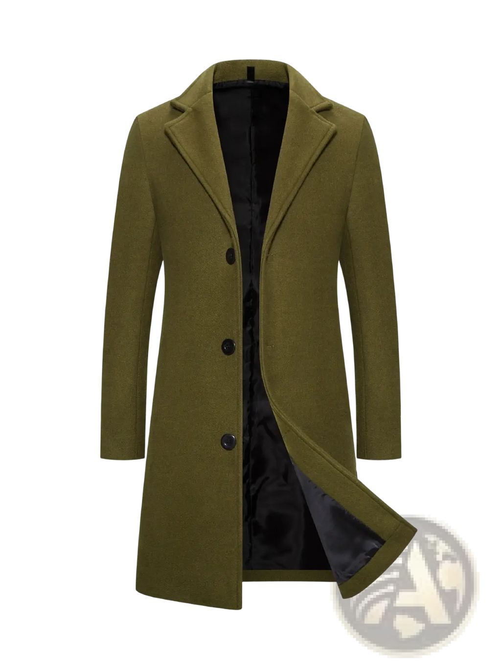 Olive green woolen men’s mid length trench coat with black buttons and satin lined interior for winter wear