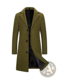 Olive green woolen men’s mid length trench coat with black buttons and satin lined interior for winter wear