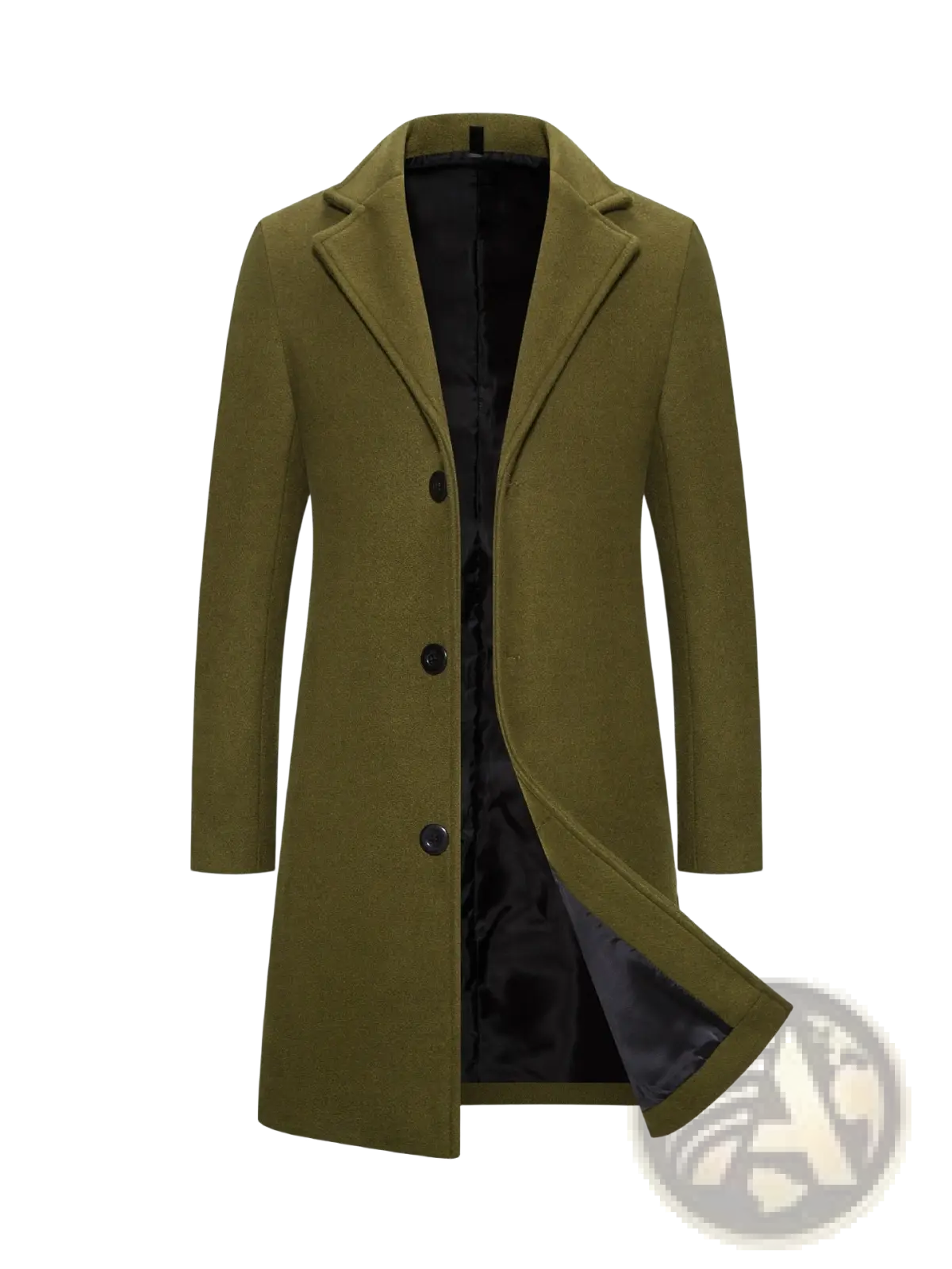 Olive green woolen men’s mid length trench coat with black buttons and satin lined interior for winter wear