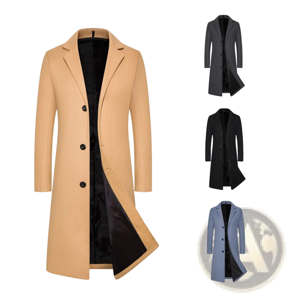 Beige wool trench coat with black buttons and black satin lining mid length thick winter jacket for men