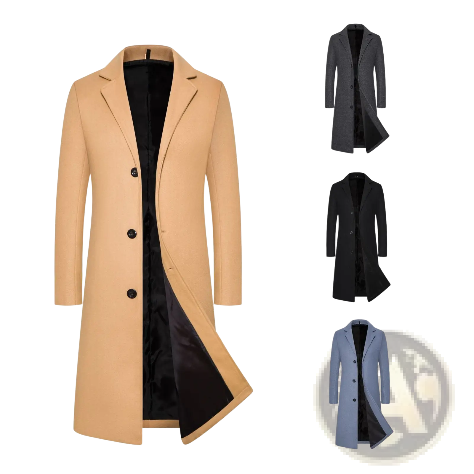 Beige wool trench coat with black buttons and black satin lining mid length thick winter jacket for men