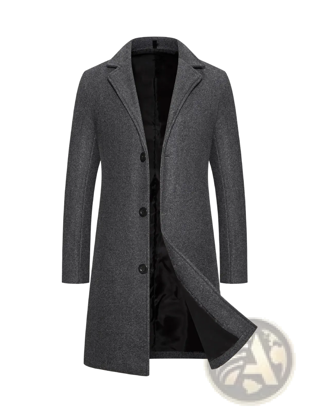 A sleek charcoal gray wool trench coat for men with a mid length, classic notched collar, and black buttons