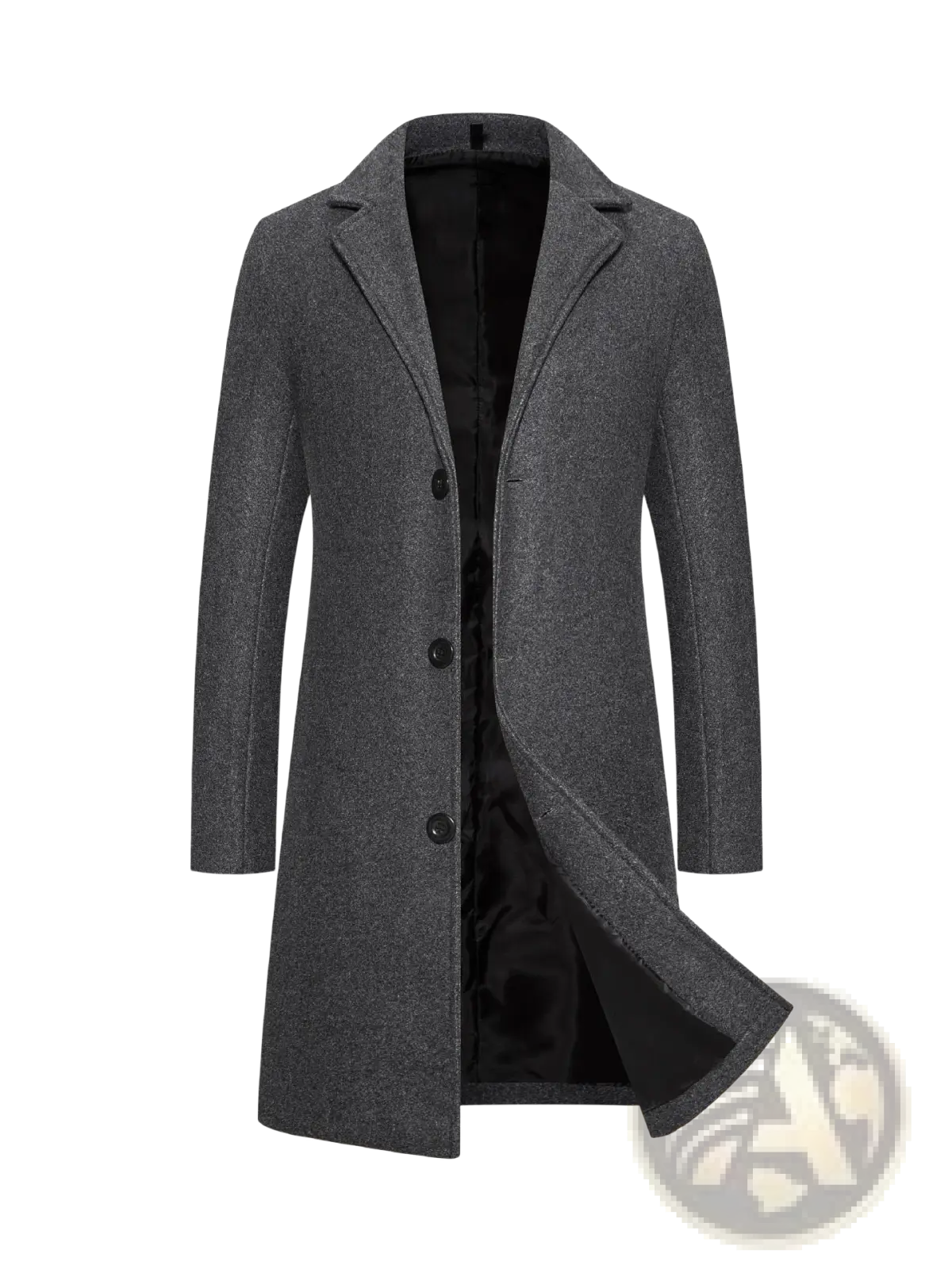 A sleek charcoal gray wool trench coat for men with a mid length, classic notched collar, and black buttons