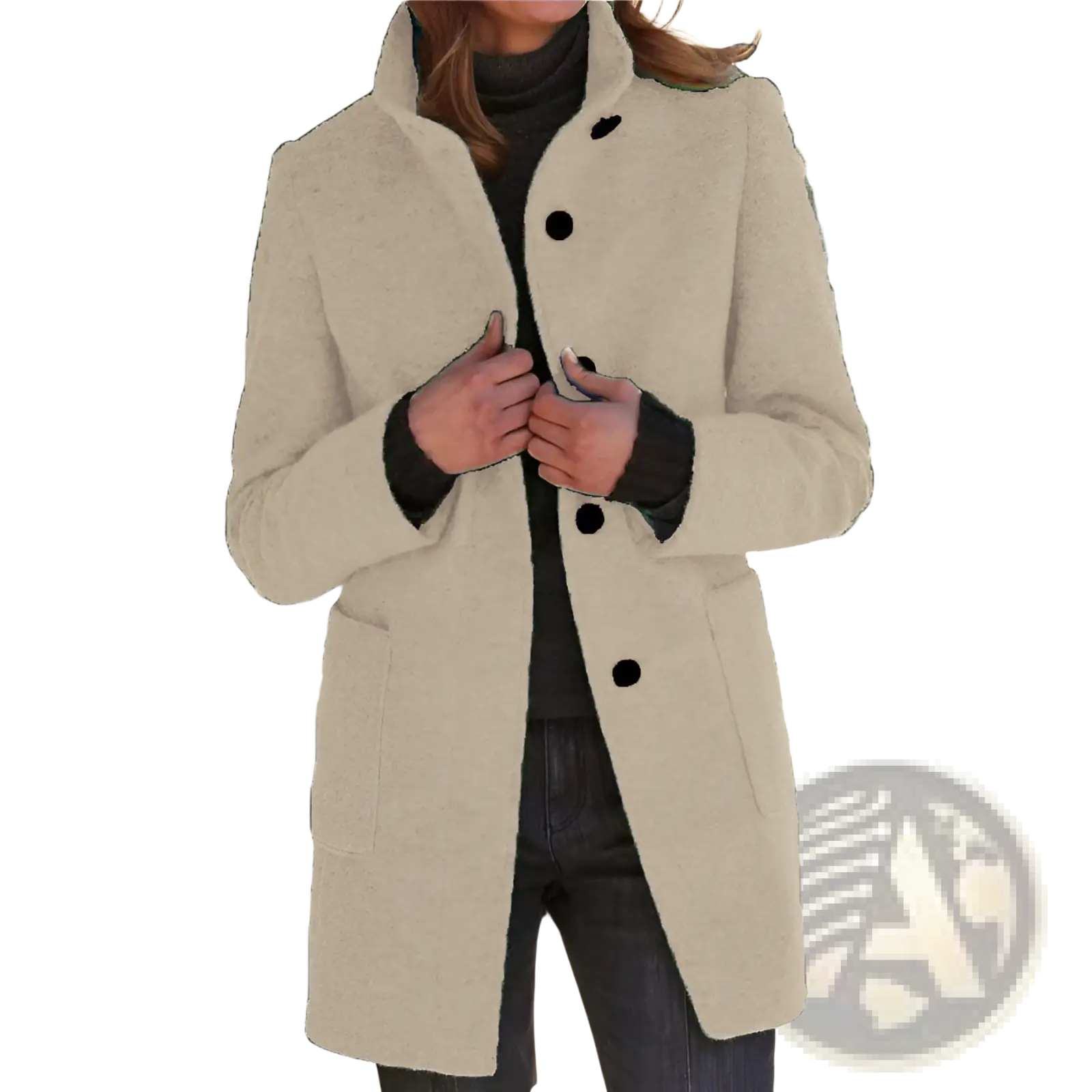 Beige wool blend wool turtleneck coat with black buttons and ribbed cuffs in a solid color retro jacket design