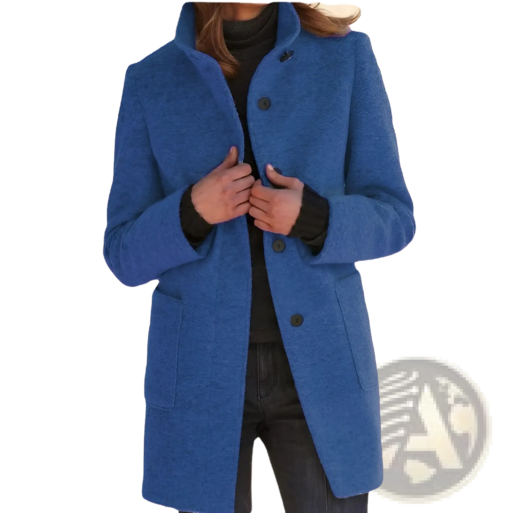A vibrant blue textured wool turtleneck coat with a classic collar and dark buttons retro jacket style