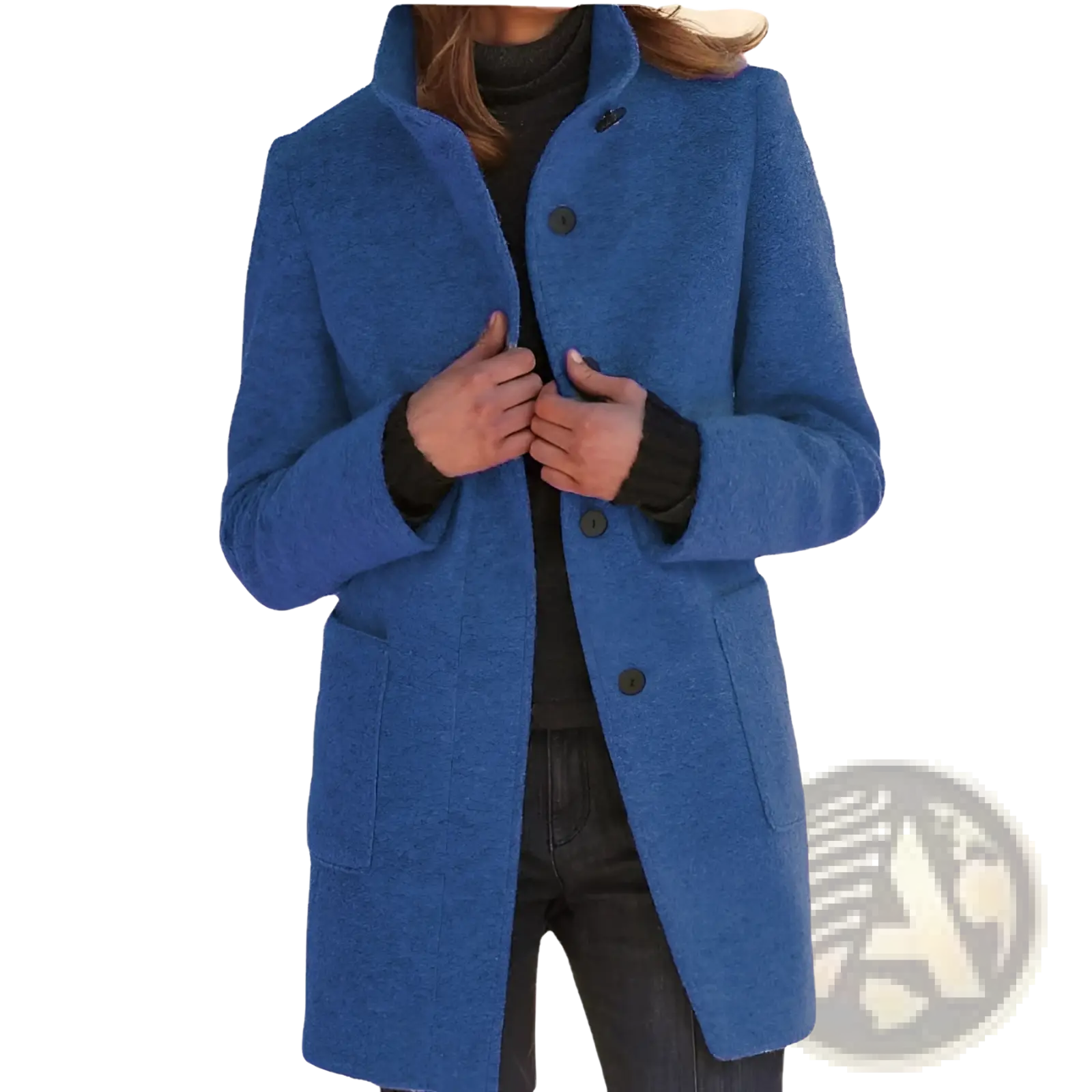 A vibrant blue textured wool turtleneck coat with a classic collar and dark buttons retro jacket style