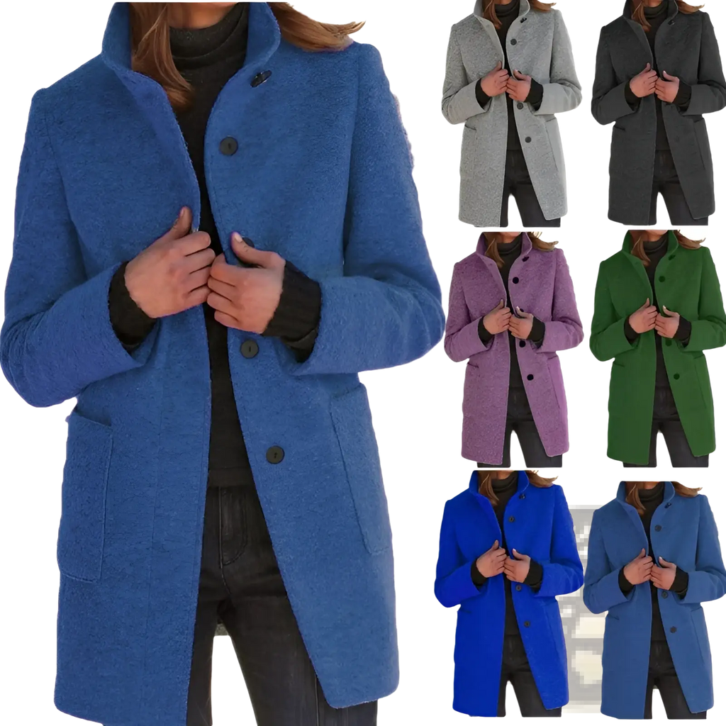 Blue wool blend turtleneck coat with classic collar and front button closure in solid color retro style