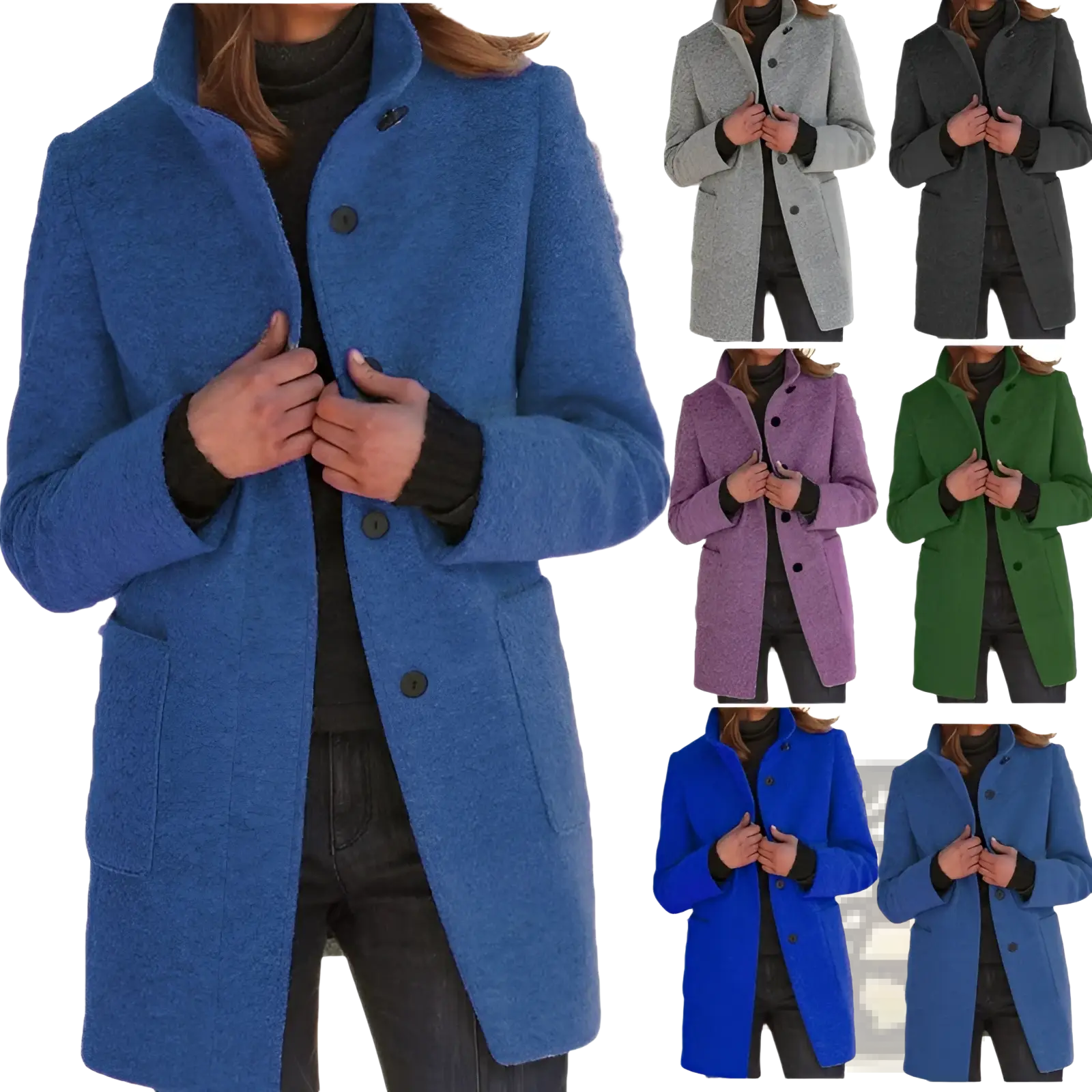 Blue wool blend turtleneck coat with classic collar and front button closure in solid color retro style