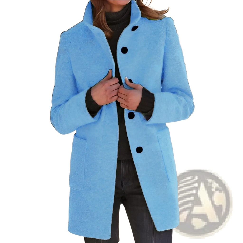 A light blue wool turtleneck coat with textured fabric black buttons and a high collar in a retro style