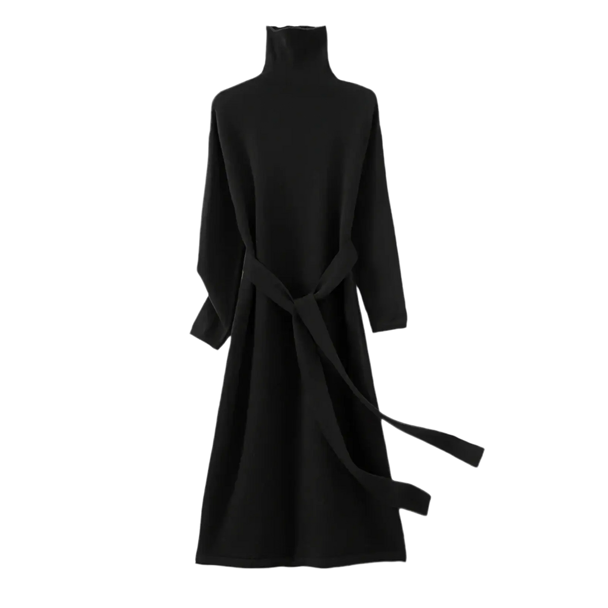 Black wool turtleneck midi dress with long sleeves and matching belt tied at the waist
