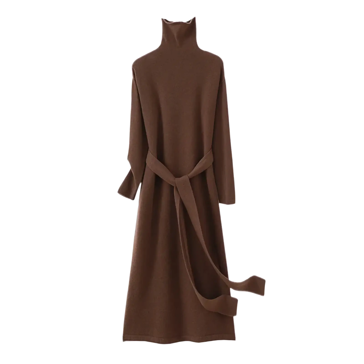 Wool turtleneck midi dress in brown knit with long sleeves and a matching belt tied at the waist