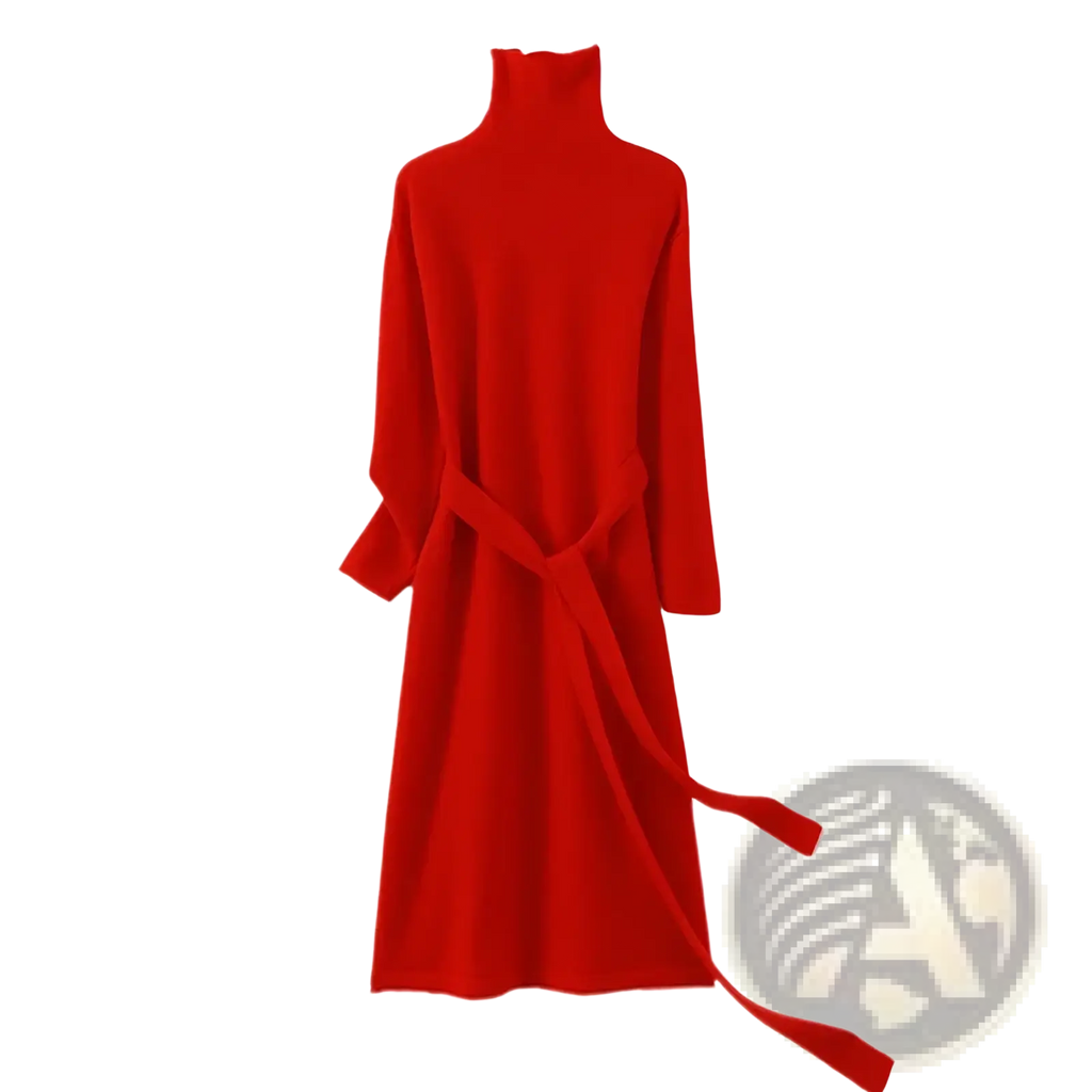 A vibrant red wool turtleneck midi dress with long sleeves and a matching belt tied at the waist