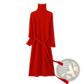 A vibrant red wool turtleneck midi dress with long sleeves and a matching belt tied at the waist