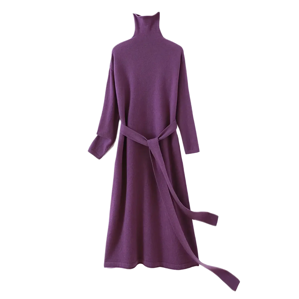 Wool turtleneck midi dress in soft deep purple with long sleeves and a matching belt tied at the waist