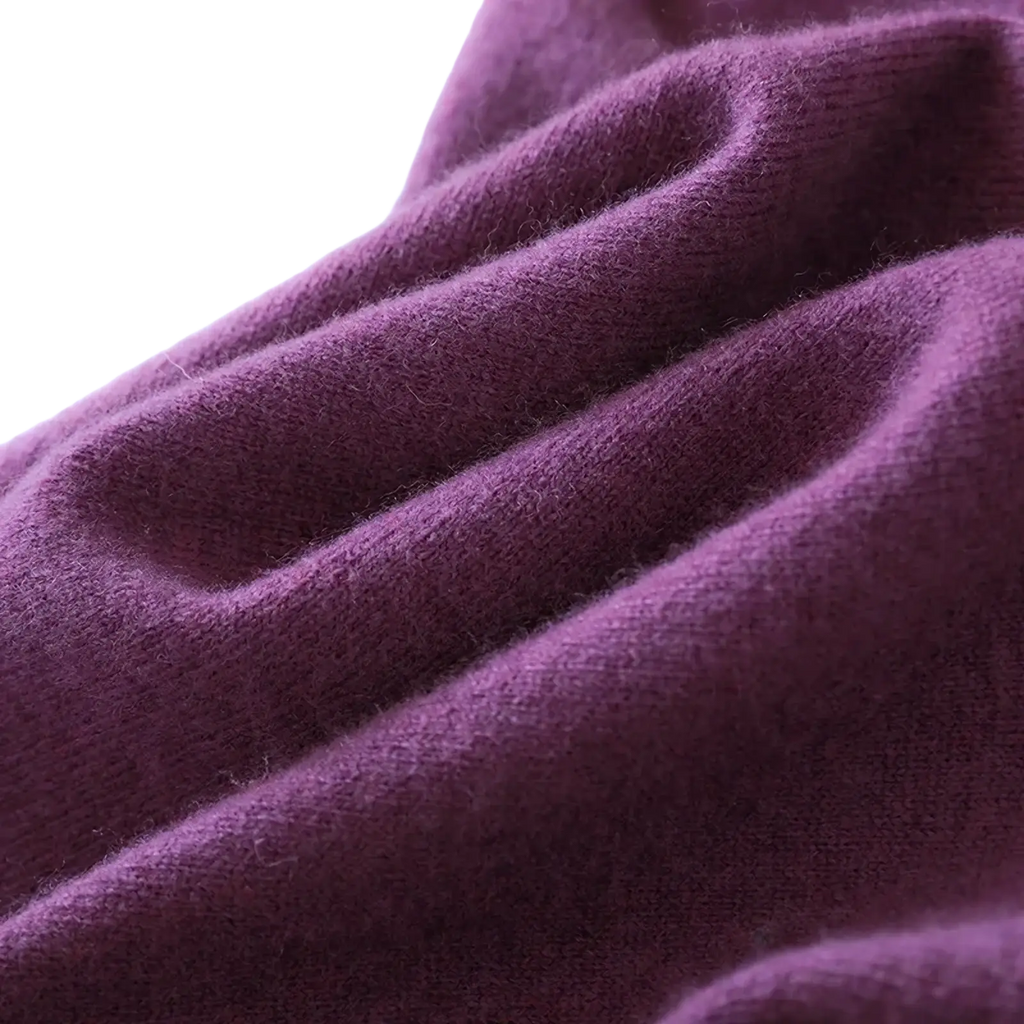 Soft deep purple cashmere wool turtleneck midi dress fabric with a plush textured surface