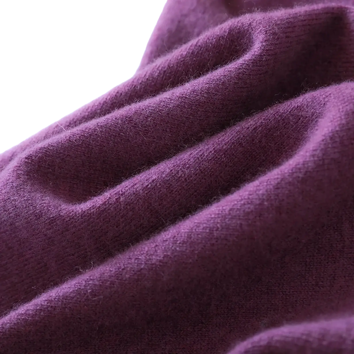 Soft deep purple cashmere wool turtleneck midi dress fabric with a plush textured surface