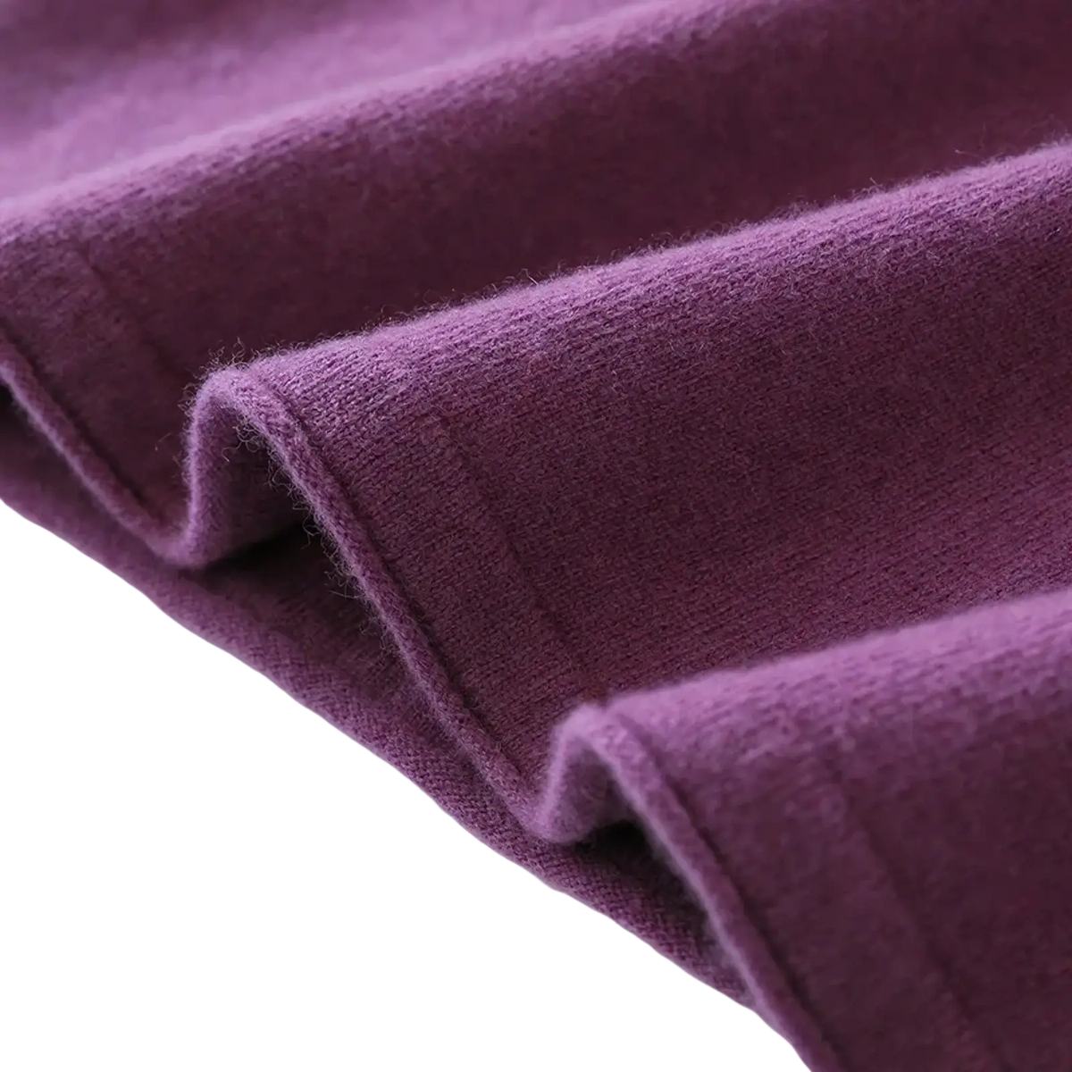 Soft deep purple wool turtleneck midi dress with smooth texture and subtle ribbed knit pattern