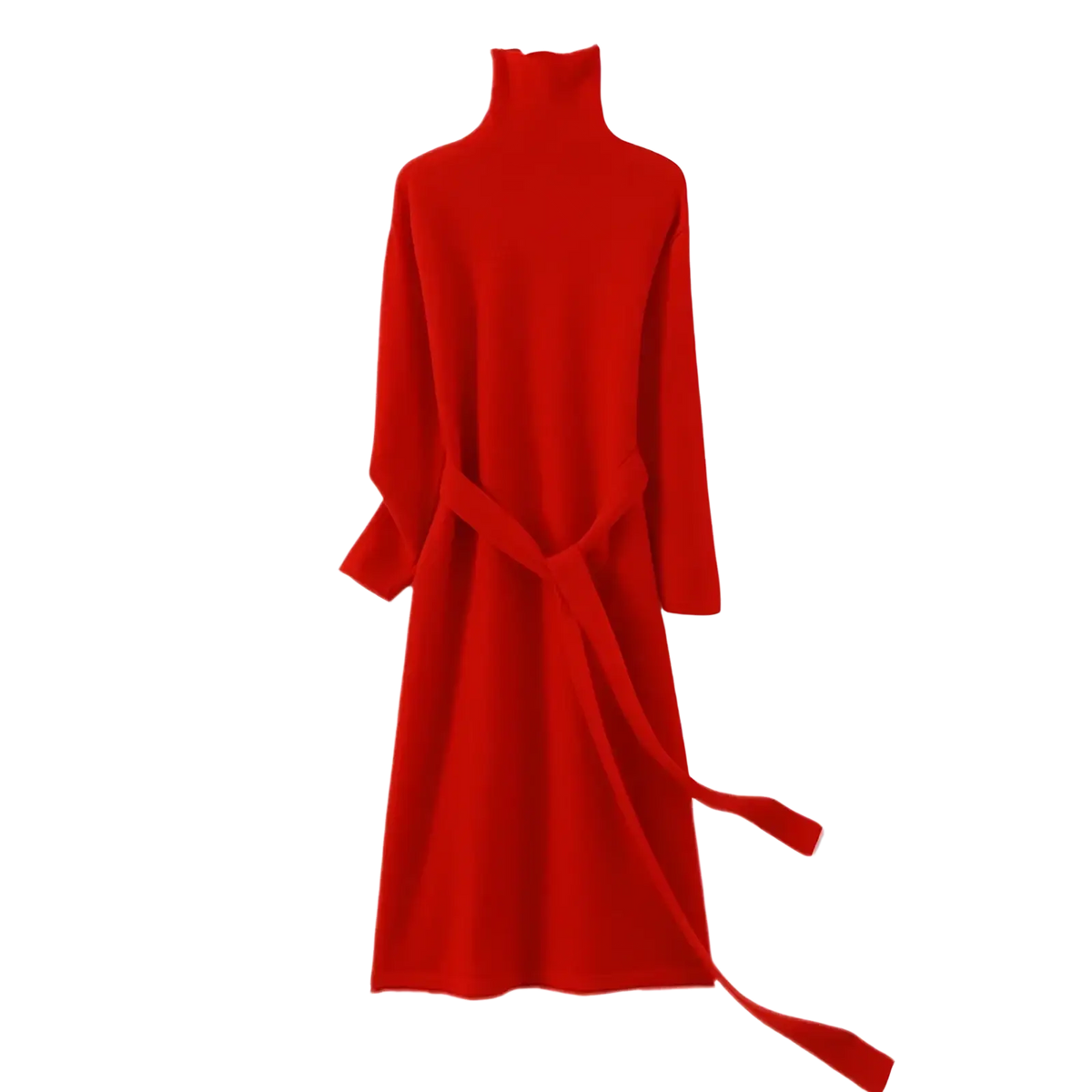A vibrant red wool turtleneck midi dress with long sleeves and a matching belt tied at the waist