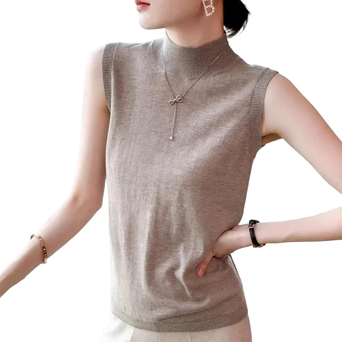 Beige wool turtleneck sleeveless sweater vest with high neck and ribbed trim knit for layering and style