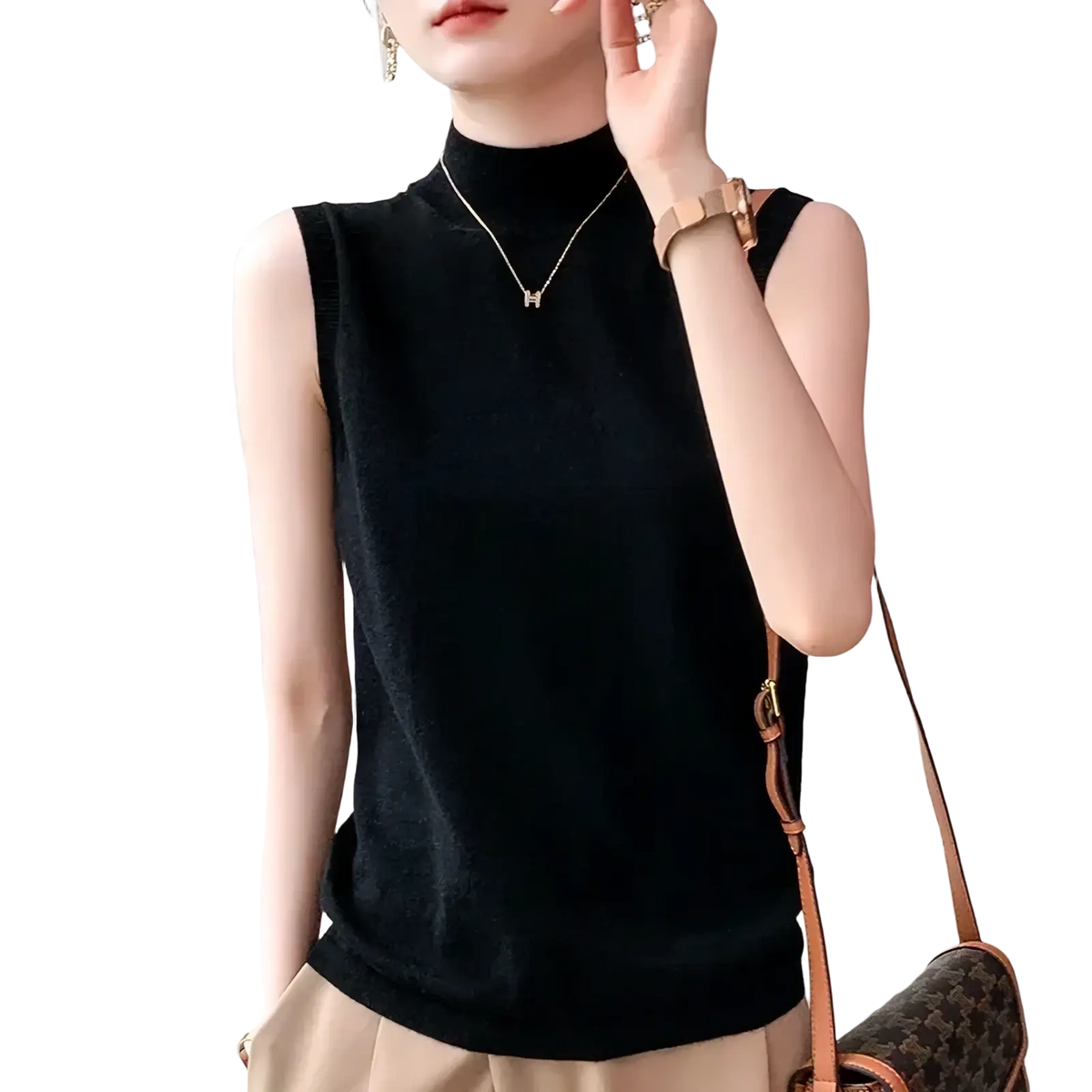 Black sleeveless wool turtleneck sweater vest knit top ideal for layering and casual wear
