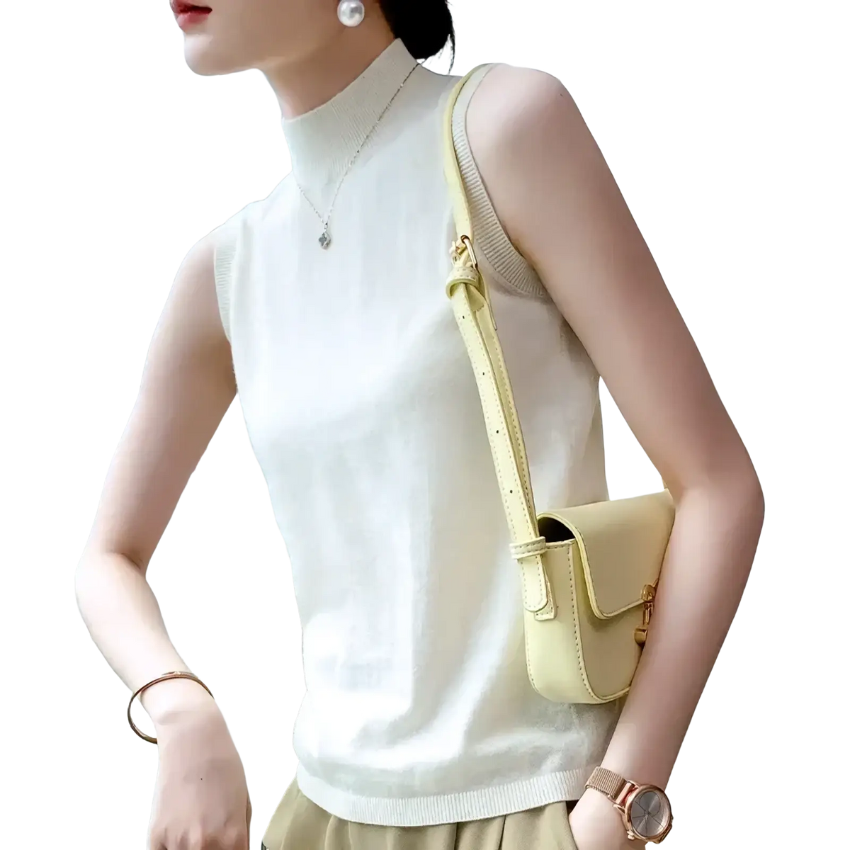 Wool turtleneck sleeveless sweater vest paired with a pale yellow leather crossbody bag with gold-tone hardware
