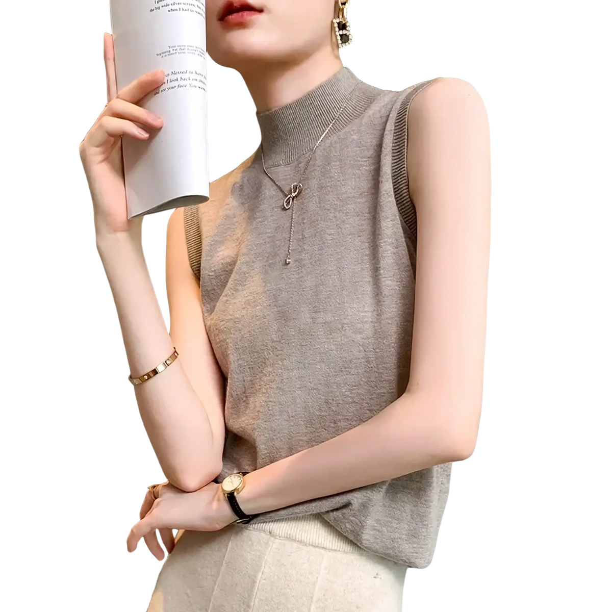 A soft sleeveless beige wool turtleneck sweater vest with ribbed detailing along the armholes and high neckline
