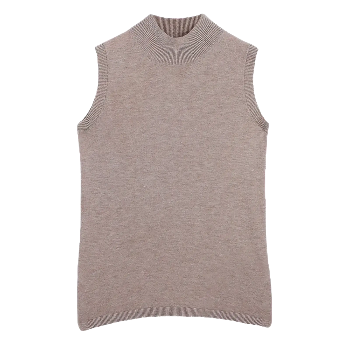 A soft heathered taupe wool turtleneck sleeveless sweater vest with ribbed high neckline and hem
