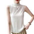A soft off-white wool turtleneck sleeveless sweater vest made of fine knit fabric for layering