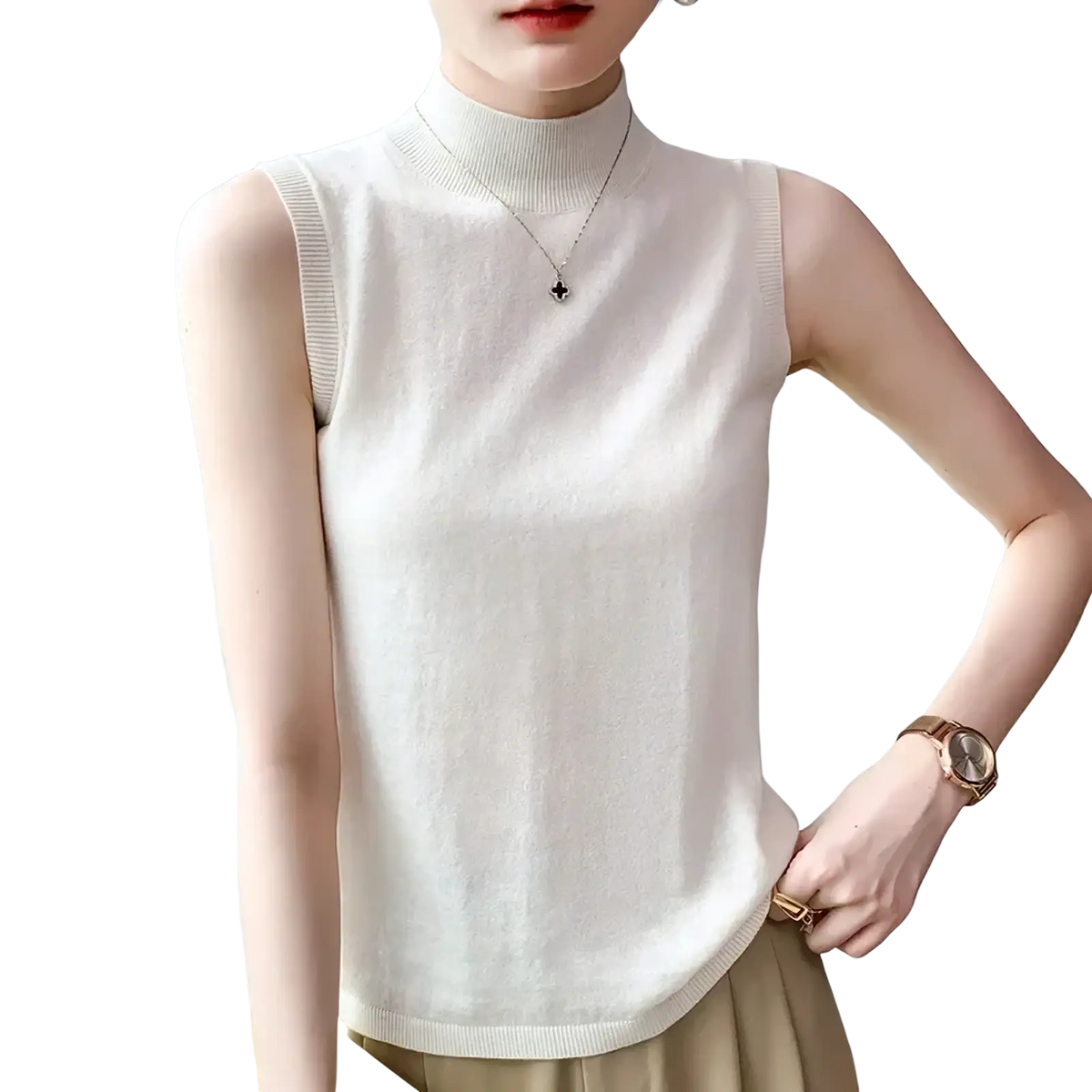 A soft off-white wool turtleneck sleeveless sweater vest made of fine knit fabric for layering
