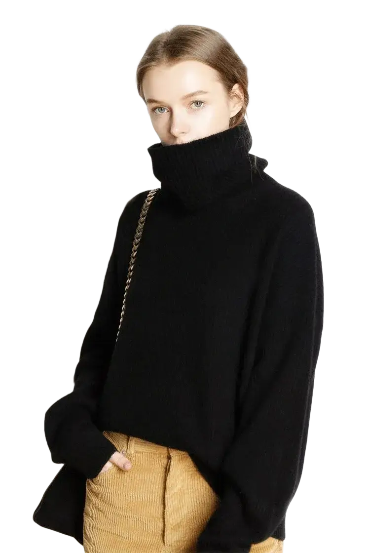Black wool turtleneck sweater oversized knit pullover with high neck and thick wool material for cold weather