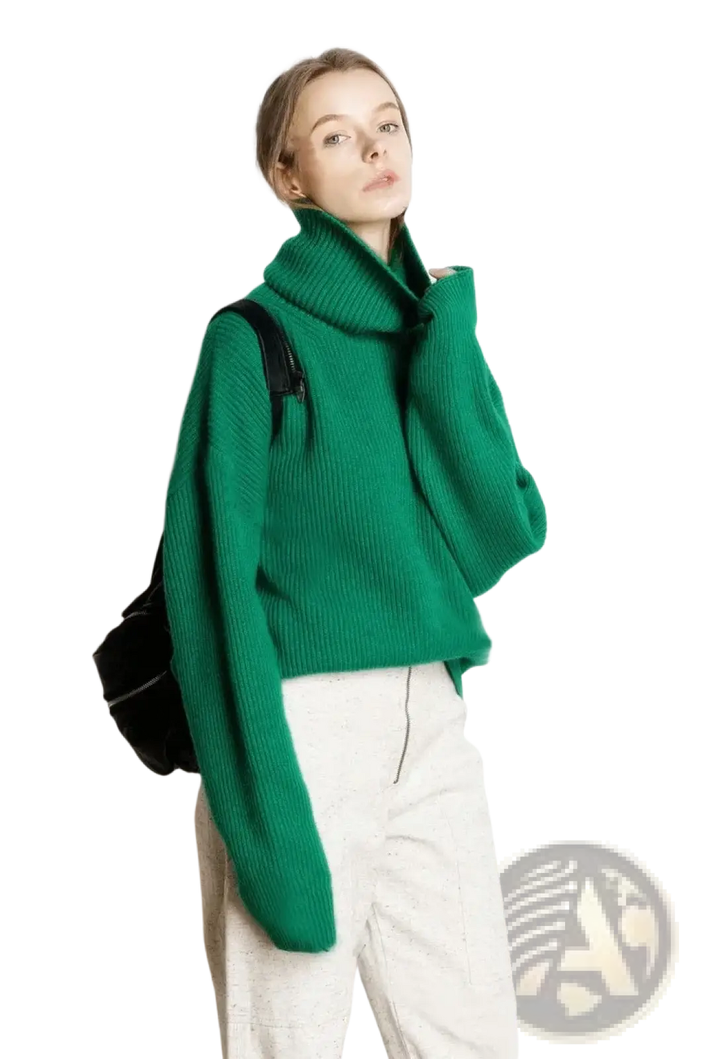 Vibrant emerald green wool turtleneck sweater with ribbed knit texture oversized pullover for cold weather