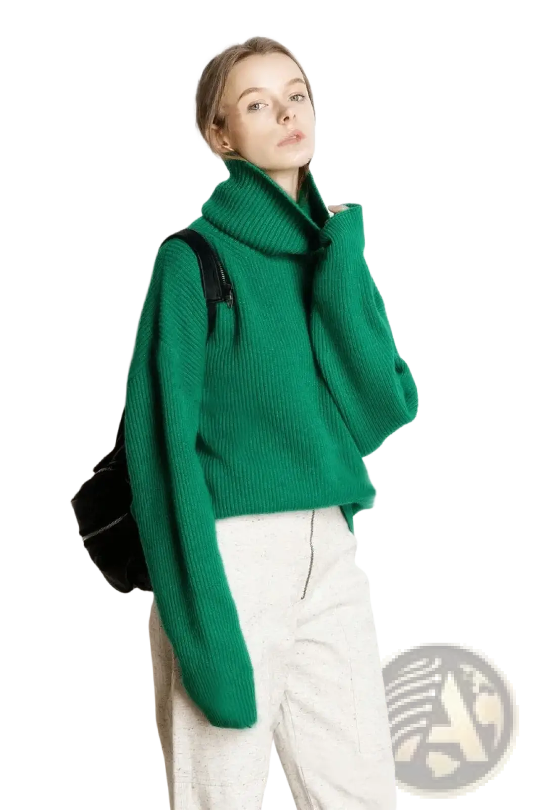 Vibrant emerald green wool turtleneck sweater with ribbed knit texture oversized pullover for cold weather