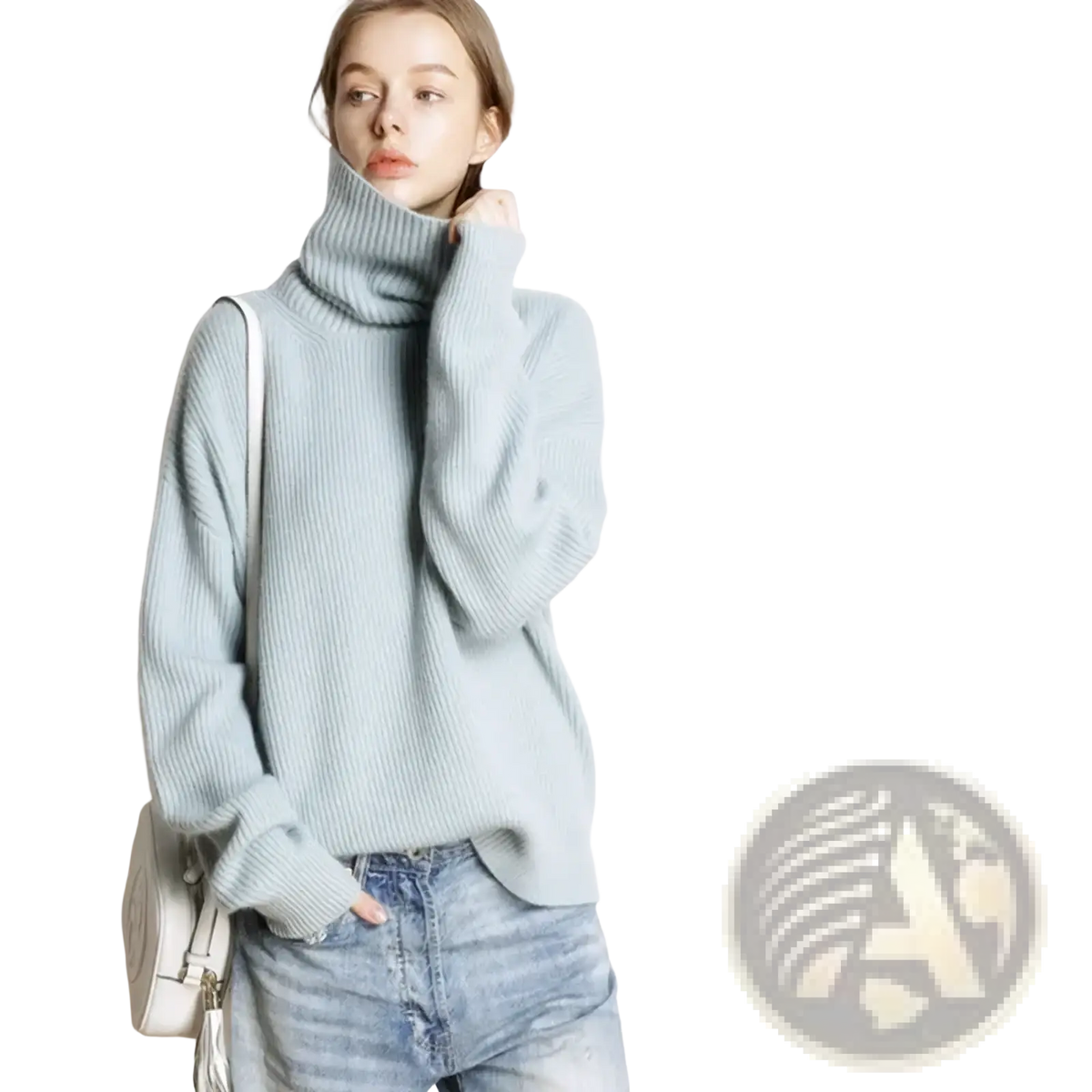A soft light blue ribbed wool turtleneck sweater with long sleeves oversized knit pullover for cold weather