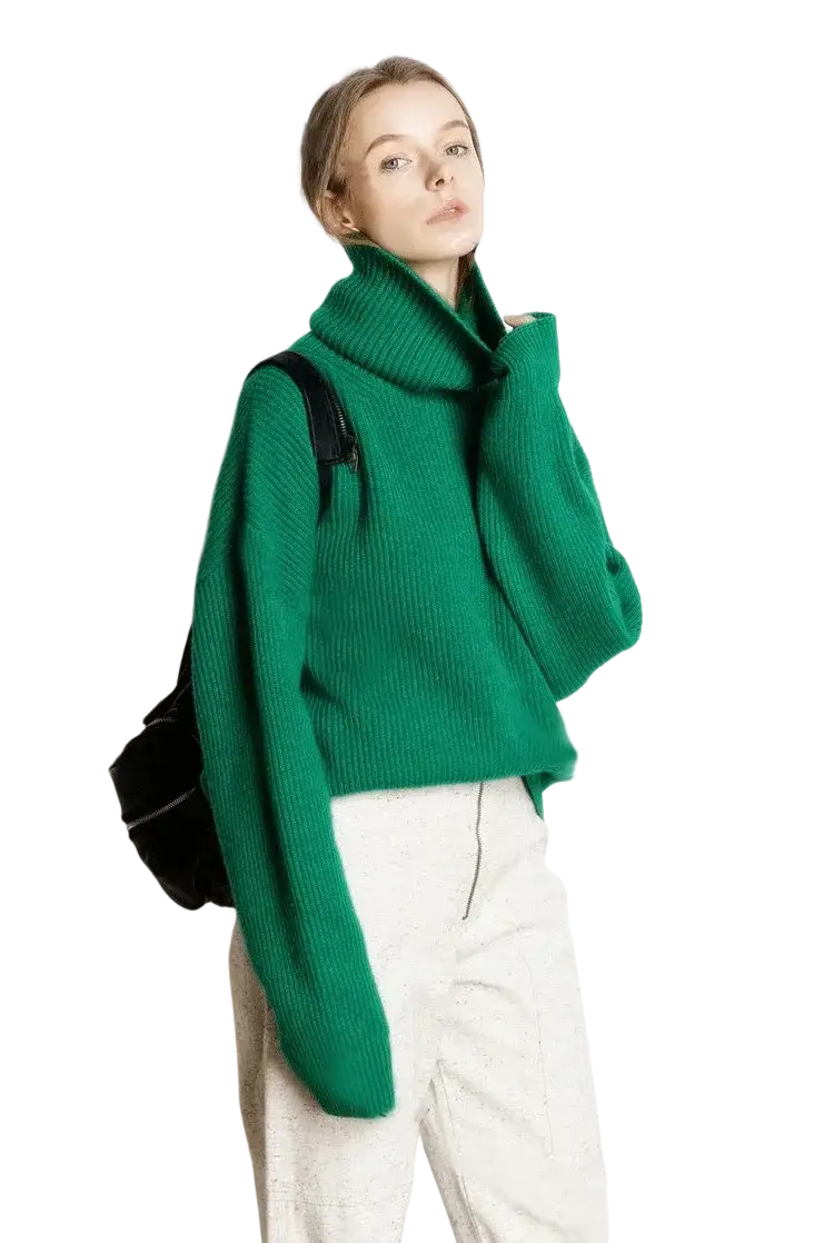Vibrant emerald green wool turtleneck sweater with ribbed knit texture oversized pullover for cold weather