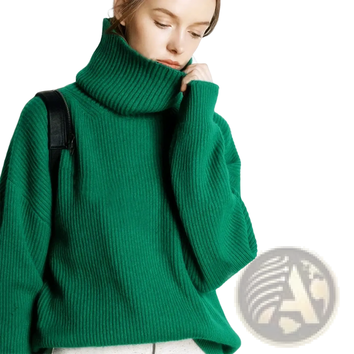 A vibrant emerald green wool turtleneck sweater with ribbed knit and cozy oversized fit pullover