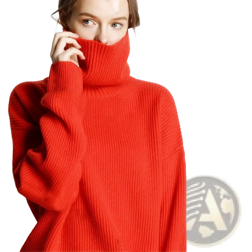 Vibrant red wool turtleneck sweater with ribbed oversized loose fit knit pullover front view
