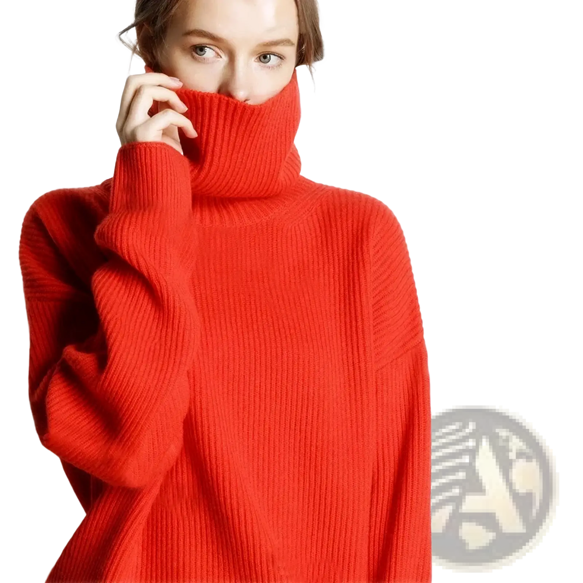 Vibrant red wool turtleneck sweater with ribbed oversized loose fit knit pullover front view