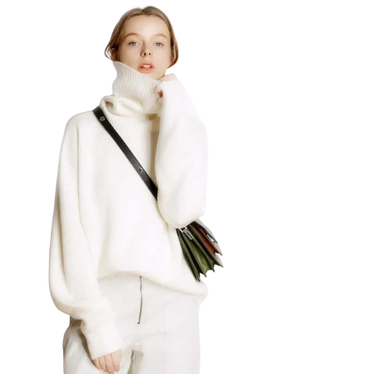White wool turtleneck sweater oversized knit pullover with ribbed texture loose fit and long sleeves front view
