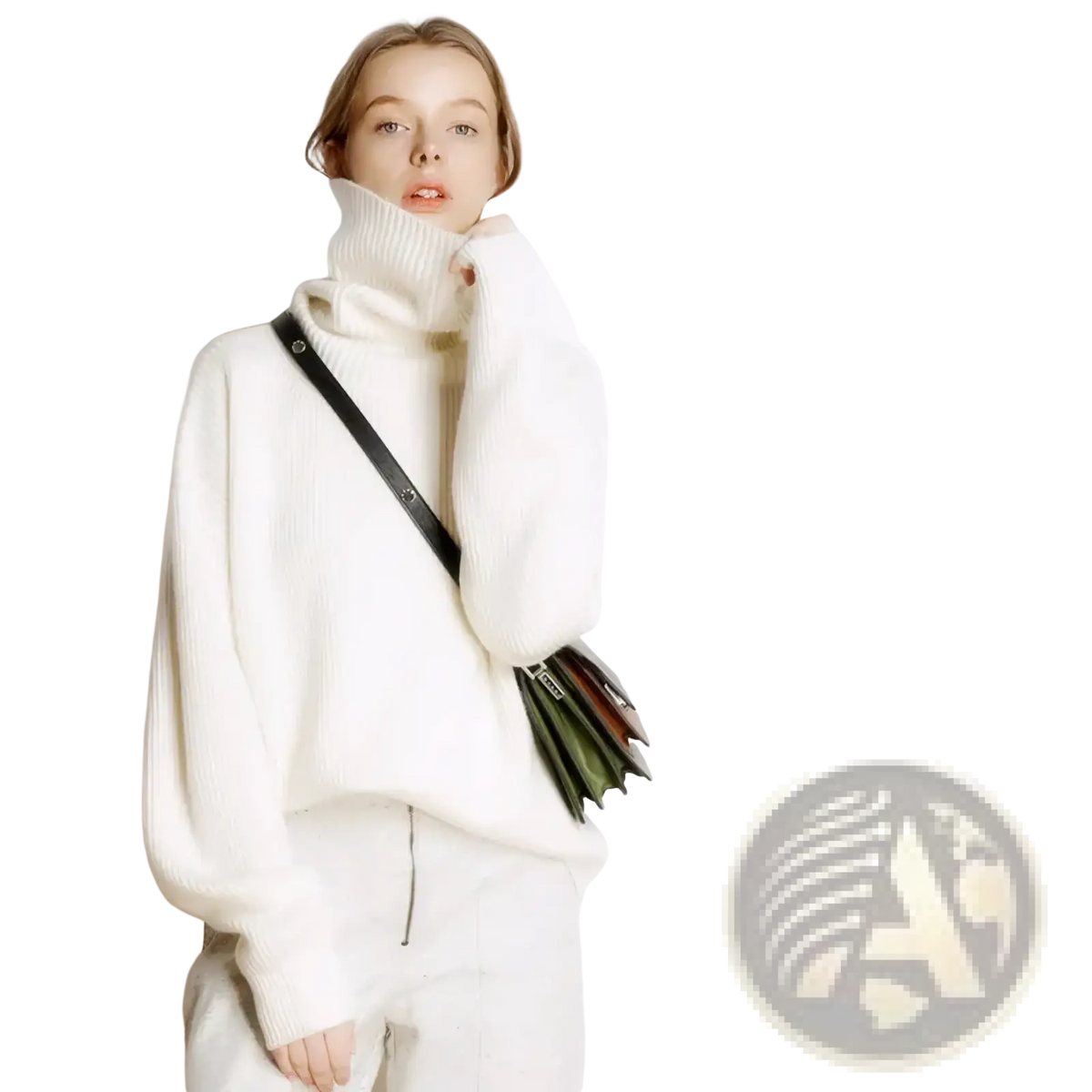 White wool turtleneck sweater oversized knit pullover with ribbed texture loose fit and long sleeves front view
