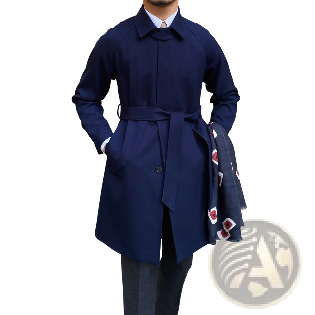 Navy blue wool winter trench coat with a belted waist, structured collar, and front button closure